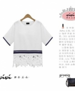 ViVi韓系美衣 歐美時尚 夏裝新款海軍風提花蕾絲拼接短袖上衣