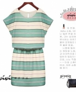 ViVi韓系美衣 歐美時尚 夏裝新款復古條紋鬆緊腰連身裙