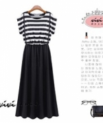 ViVi韓系美衣 歐美時尚 夏裝新款條紋拼接鬆緊腰連身裙