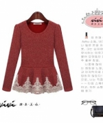 ViVi韓系美衣 歐美時尚 秋裝新款蕾絲拼接衣襬洋裝式上衣