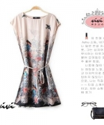 歐美時尚 夏裝新款小鳥花卉圖騰綁帶連身裙